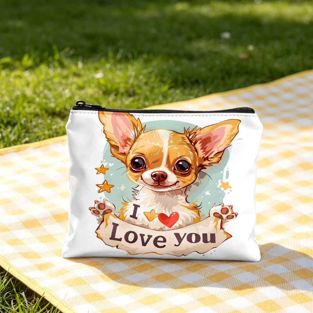 Chihuahua Tote Bag White I Love You Dog Print Shoulder Bags And Cosmetic Bag Combination Pet Lover Storage Pouch