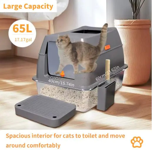 Stainless Steel Fully Enclosed Cat Litter Box – Large, Durable & Odor Resistant