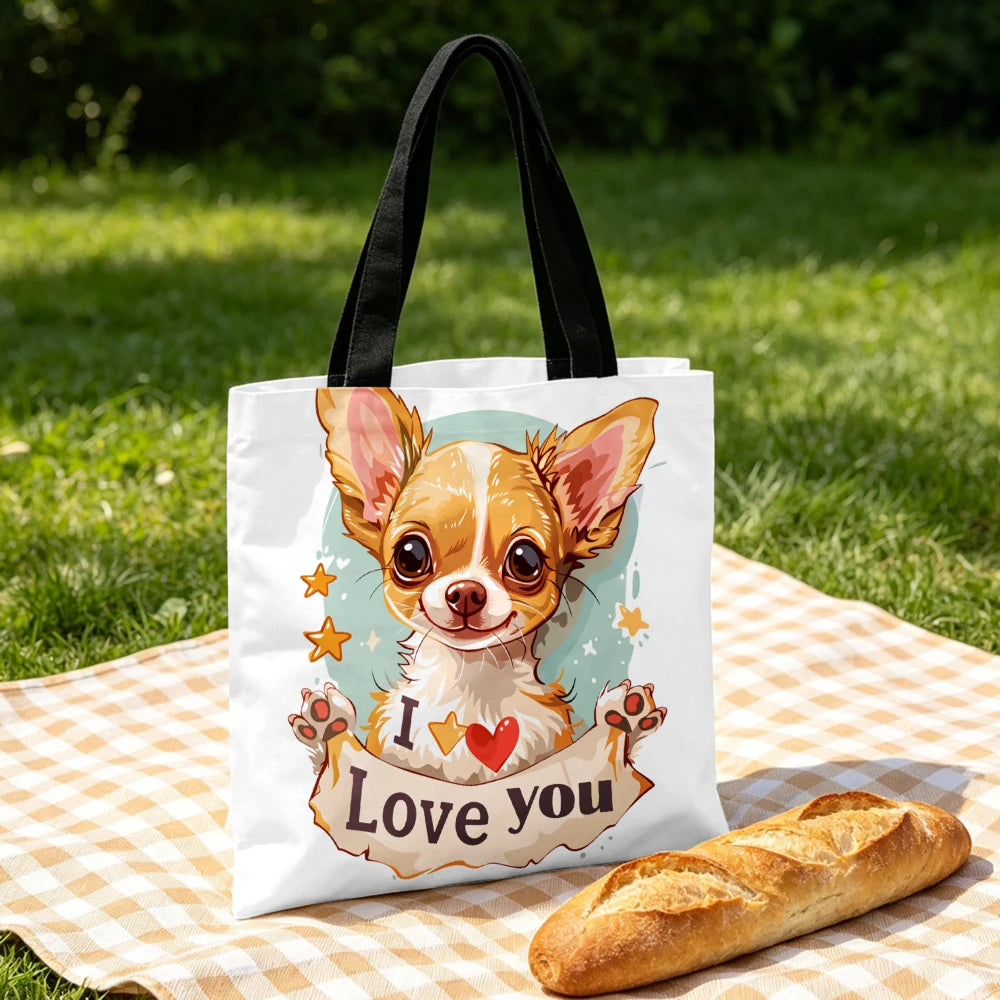 Chihuahua Tote Bag White I Love You Dog Print Shoulder Bags And Cosmetic Bag Combination Pet Lover Storage Pouch