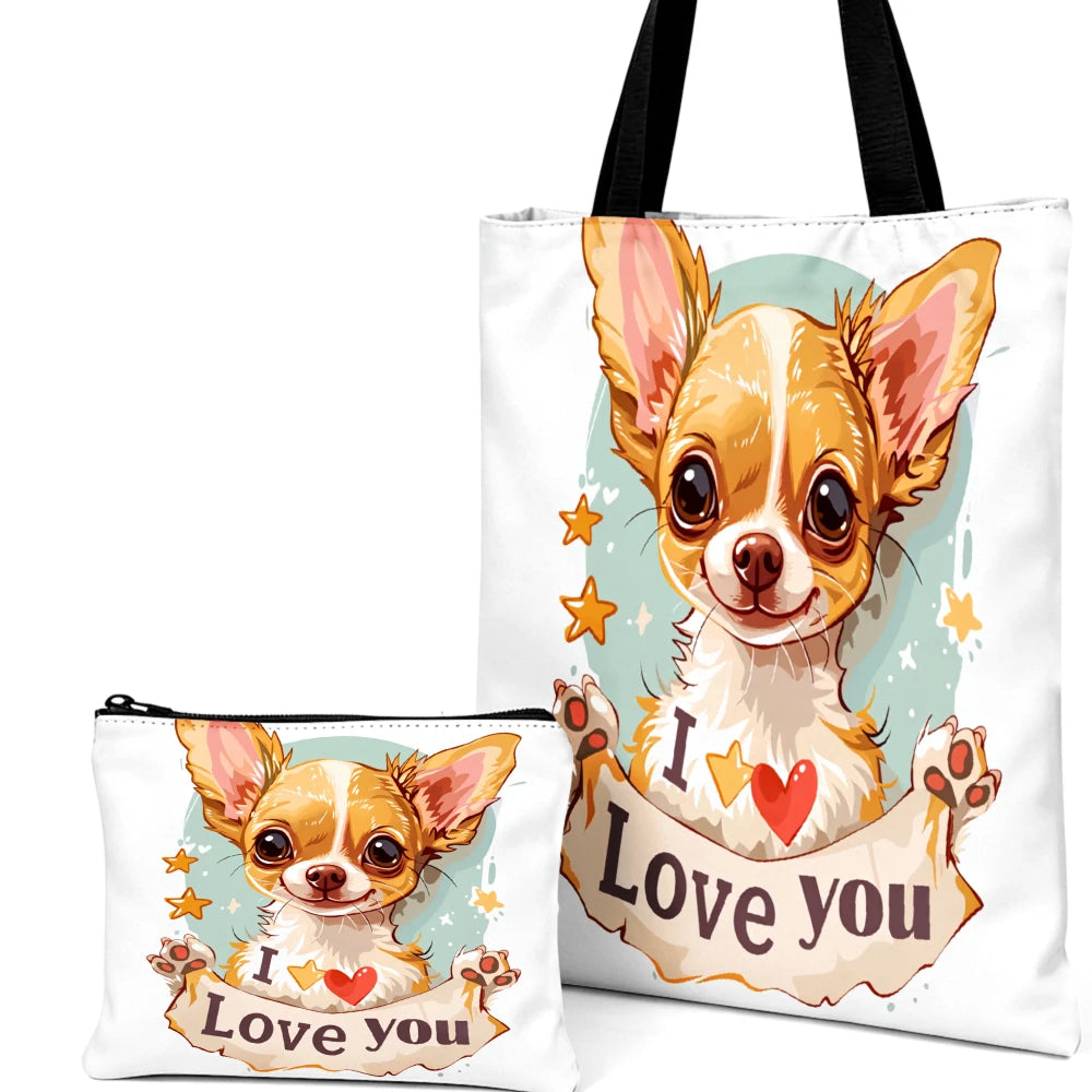 Chihuahua Tote Bag White I Love You Dog Print Shoulder Bags And Cosmetic Bag Combination Pet Lover Storage Pouch