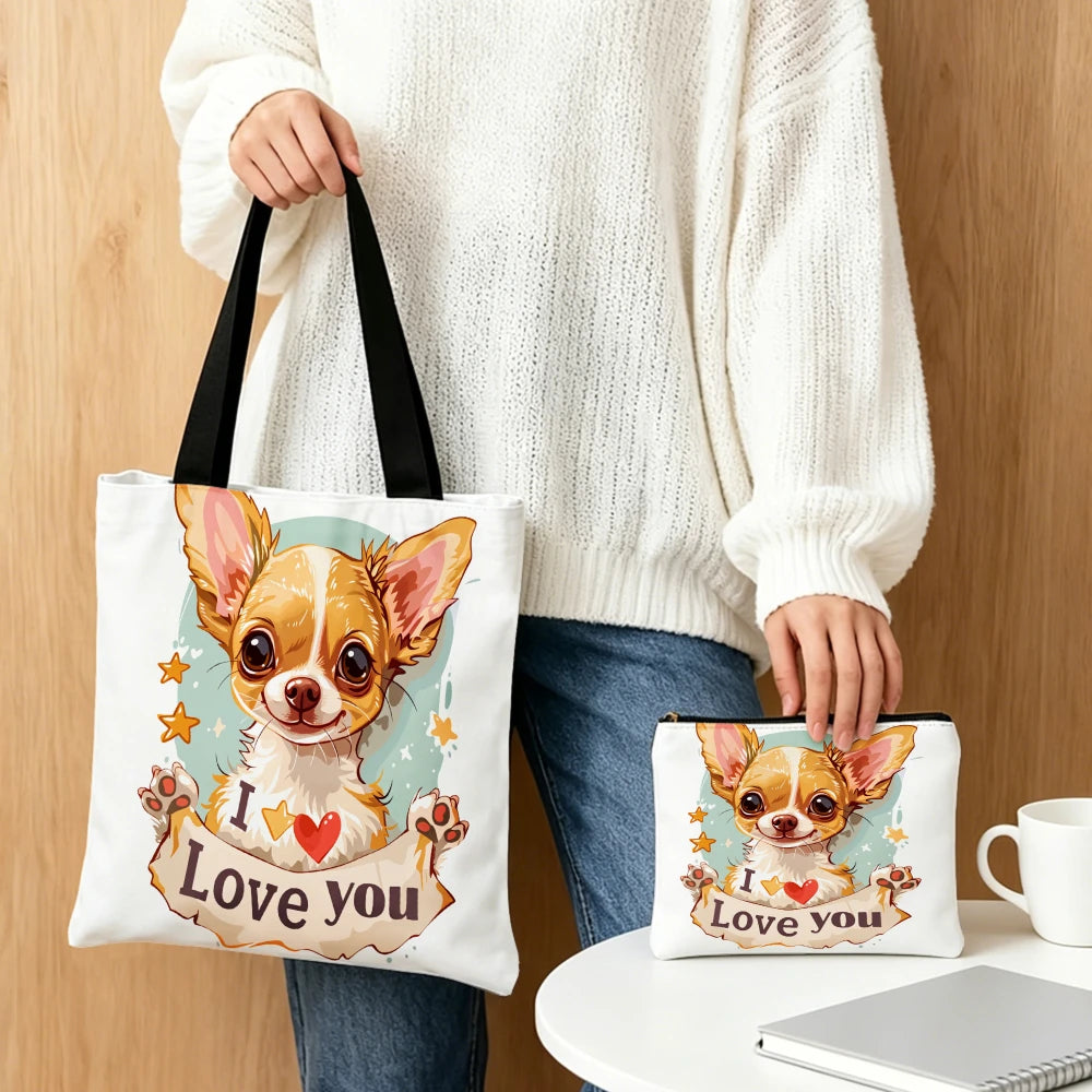 Chihuahua Tote Bag White I Love You Dog Print Shoulder Bags And Cosmetic Bag Combination Pet Lover Storage Pouch